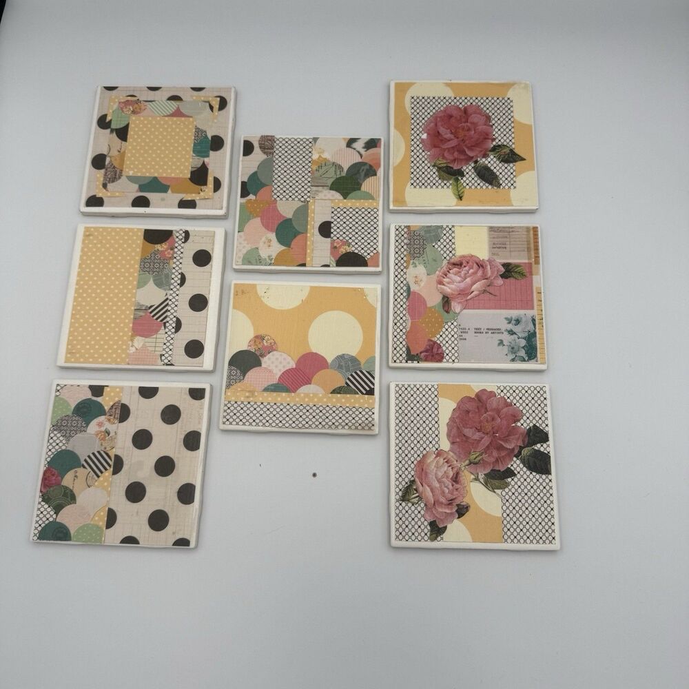 Handmade Ceramic Tile Coasters Set Of 8 Mixed Media Cottagecore Floral Polka Dot